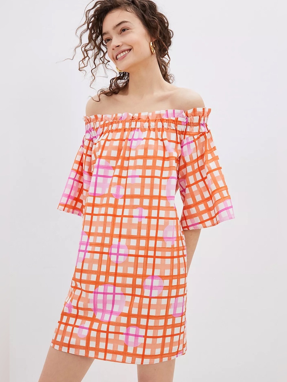 Corey Lynn Calter Monaco Off-The-Shoulder Orange and Pink Plaid Mini Dress - M P